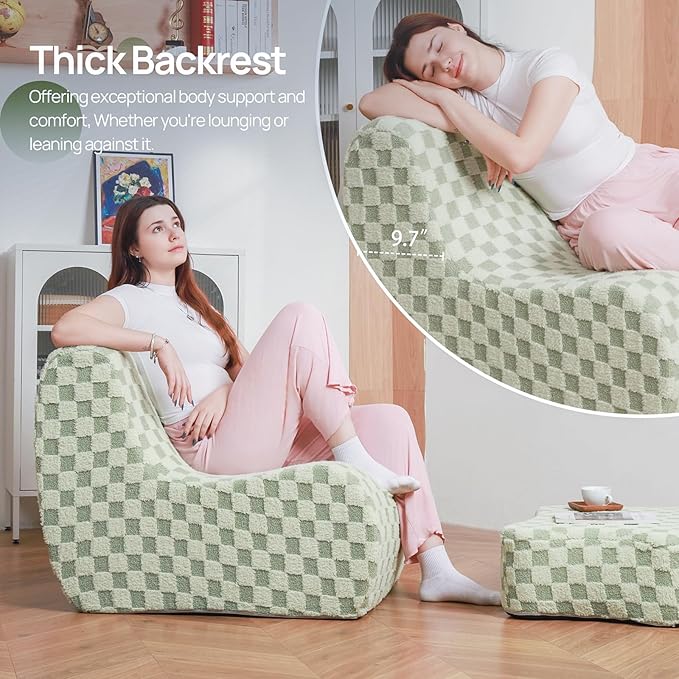 Giant Bean Bag Chair for Adults with Ottoman, Teddy Fabric Beanbag Chair with Memory Foam Filled,Plush Lazy Floor Sofa with Footstool Couch for Living Room,Bedroom,Dorm, Apartment, Green