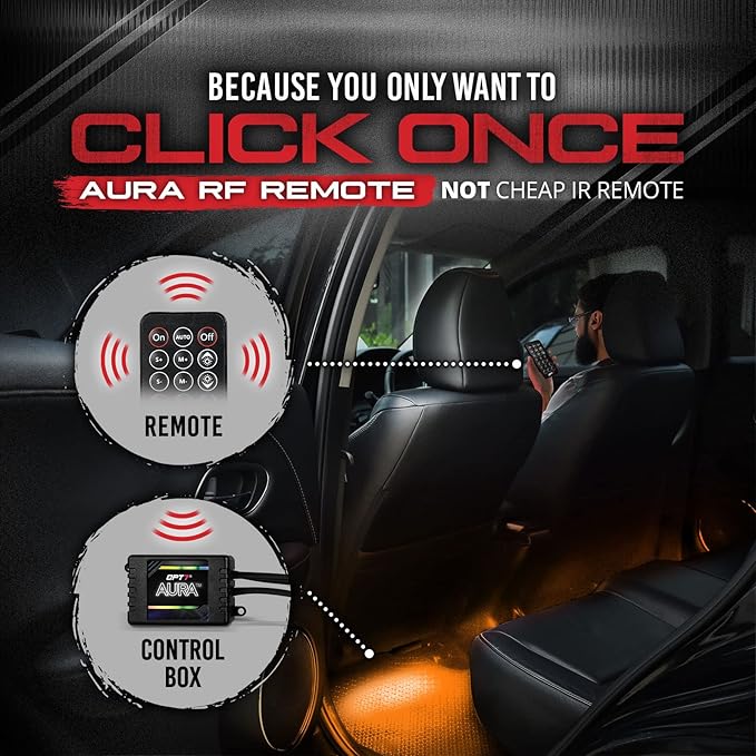 OPT7 Aura Double Row Car LED Lights Interior 6pc with Wireless Remote Control, Multicolor Mode, Sound Active Function Inside Ambient Lighting Kit, Footwell Floor Decor, Charger Adapter 12V