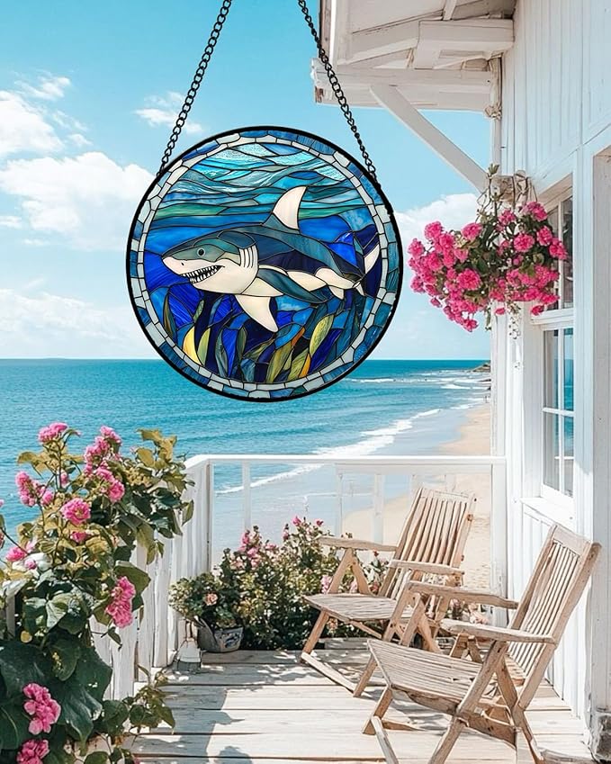 Stained Glass Suncatcher, Blue Ocean Big Shark Sun Catcher Waterweed Stain Glass Window Hanging Decoration Mother's Day Birthday Gifts for Women Men Mom Nana 15 in