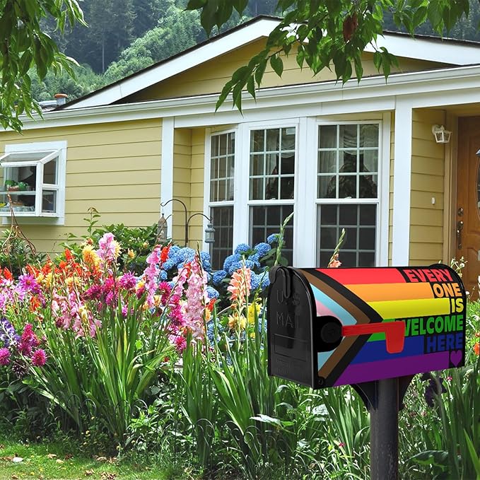 Pride Mailbox Cover Large Size Rainbow Gay Lesbian Transgender Bisexual LGBTQ Magnetic Mailbox Wrap Every One Is Welcome Here Post Letter Mail Box Covers Outdoor Decor Oversized 25.5 X 21 Inch