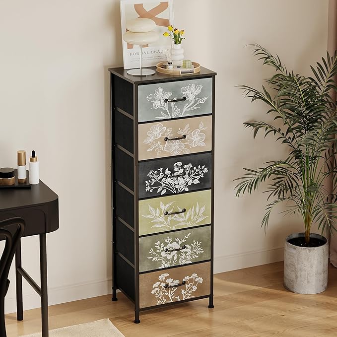 Tohomeor Vintage Dresser Vertical Nightstand with Neutral Botanical Plant Fabric Chest Drawers for Closet Bathroom Storage Tower Unit Bed Side Organizer Farmhouse Rustic (Multi, 6 Drawers)