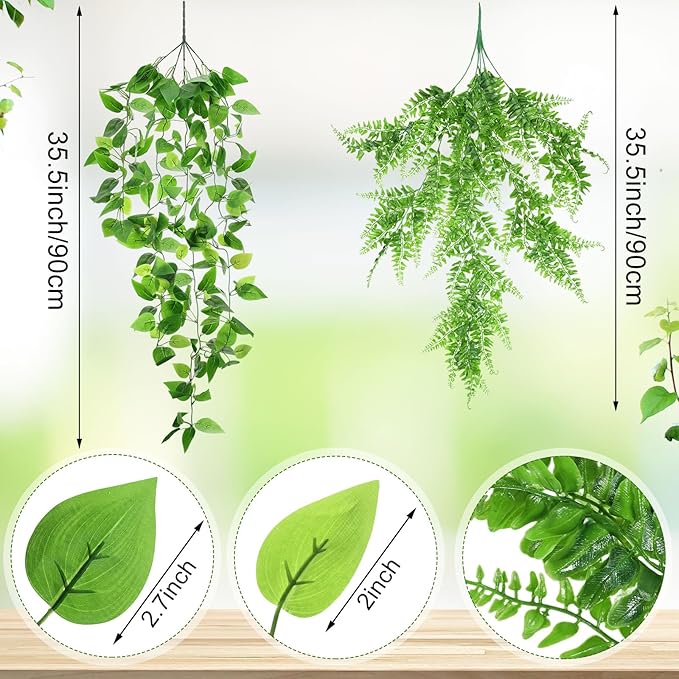 Hoteam 18 Pcs Artificial Hanging Plants 32 Inch Fake Ivy Vines with Fake Leaves Patio Artificial Plants Greenery for Living Room Indoor Outdoor Wall, No Basket (Pothos,Persian Grass)