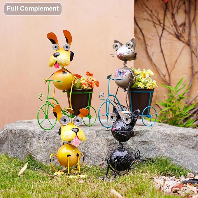 14”Solar Bike Dog Statue Lights Outdoor Metal Yard Art, Funny Bicycle Plant Stand for Garden Patio Decor Lawn Ornaments,Gift for Dog Lovers