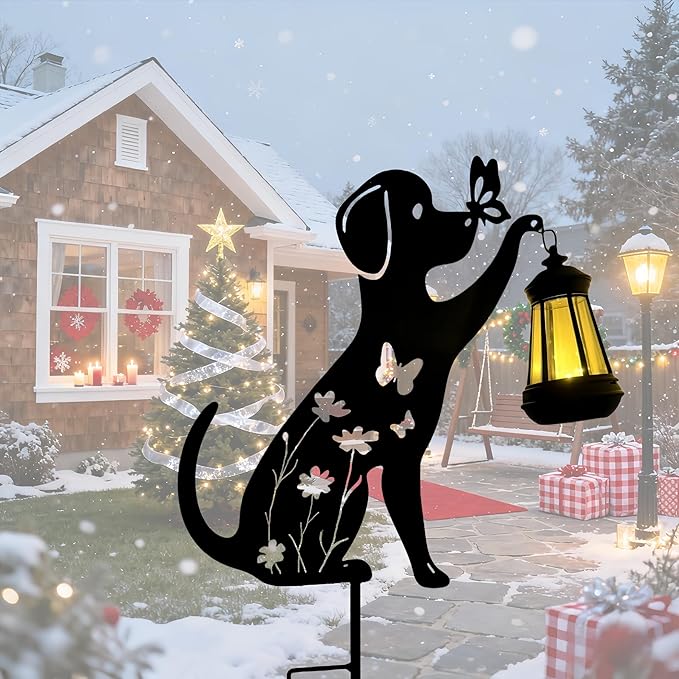 Metal Dog Christmas Garden Decor for Outside Silhouette Decorative Garden Stakes Yard Art,Patio,Lawn Ornaments Gifts for Women/Men/Dog Lovers (1pc)