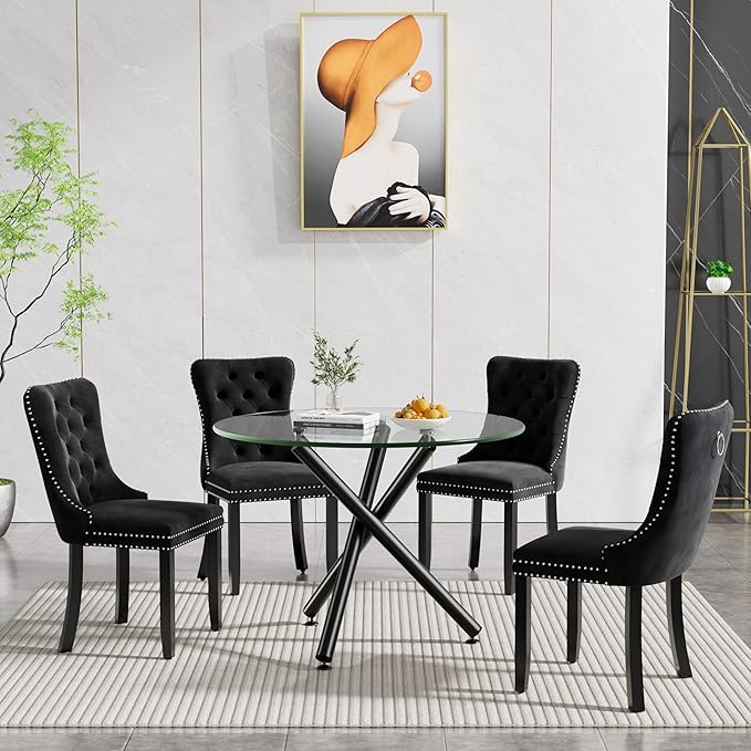 36" Round Glass Dining Room Table for 4 with Tempered Glass Top and Black Metal Tube Legs, Modern Clear Kitchen and Dinner Table for Home Office Dining Room