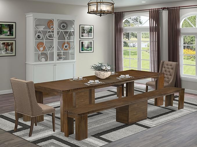 X02FO-208-18 - 5 Pieces Dining Room Set contains an Extendable Rectangle Kitchen Table, 2 Dining Chairs and 2 Modern Benches, 39x120 Inch, Antique Walnut