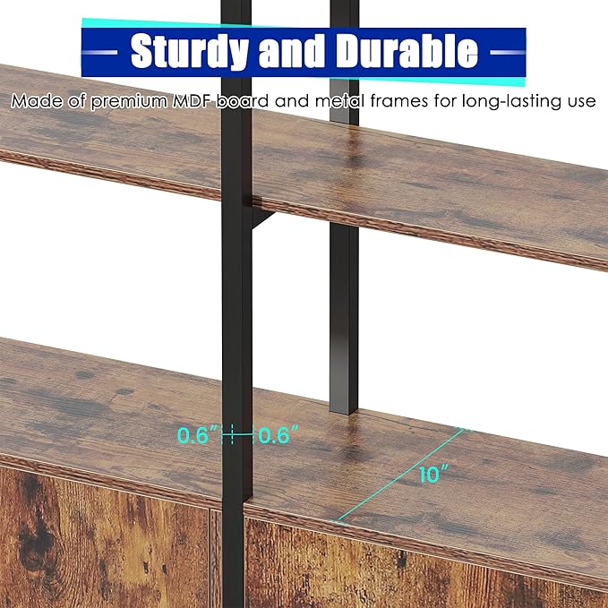 Triple Wide 5 Tier Tall Arched Bookshelf and Bookcase with 3 Cabinets, Industrial Metal Etagere Open Bookshelf, Rustic Wood Standing Book Shelf with Black Metal Frame for Bedroom Living Room