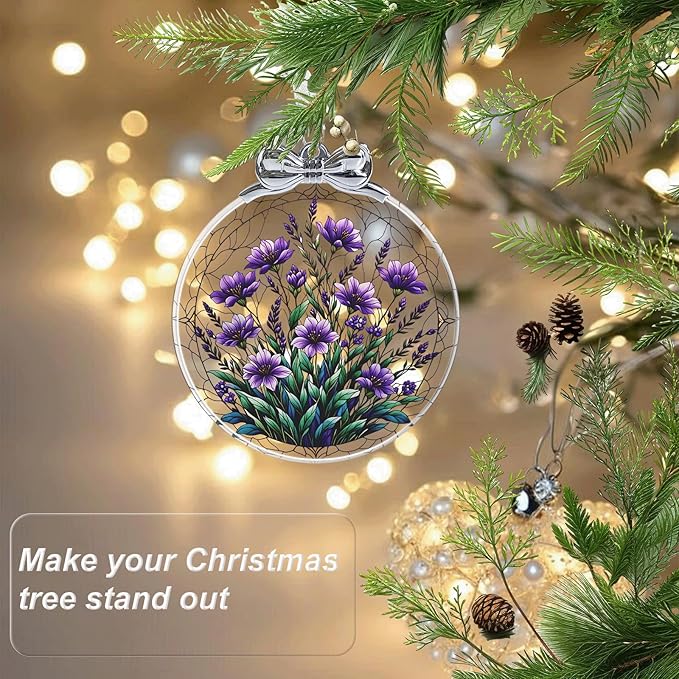 Bauhinia & Violets Stained Glass Ornament - Hanging Ornaments for Christmas Tree, Christmas Ornaments Xmas Decorations, Holiday Keepsake Present Exchange Ideas