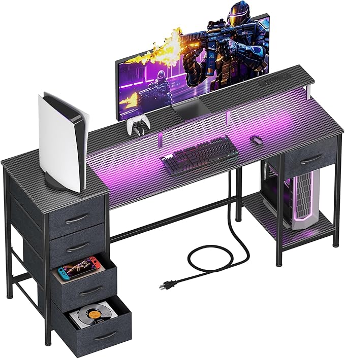 55 Inch Computer Gaming Desk with Power Outlets LED Lights, Reversible Home Office with Adjustable Fabric Storage Drawers for Working Writing Study,Carbon Fiber Black