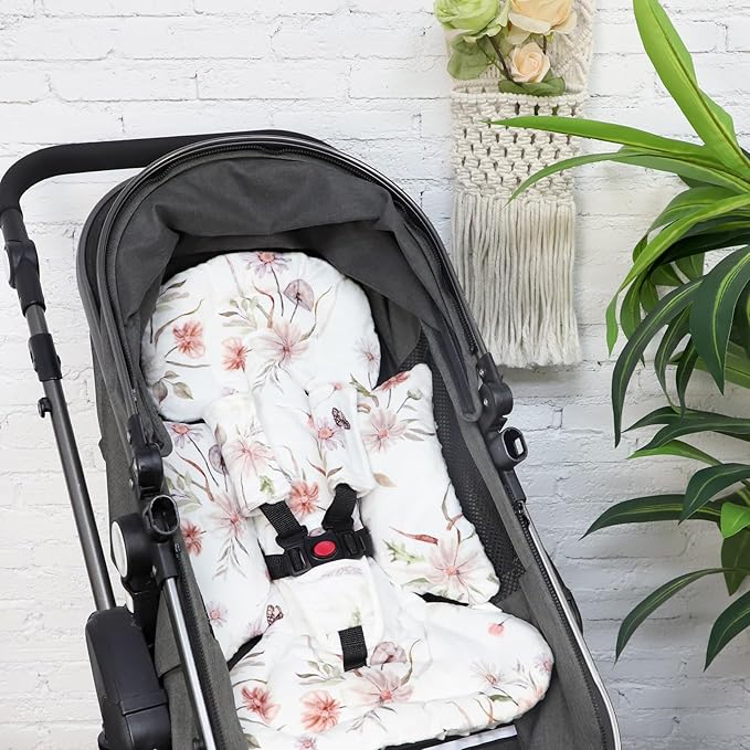 Infant Car Seat Insert and Strap Covers, Very Soft Car Seat Head Support Baby Girl Boy, Reversible Newborn Carseat Insert Cushion Fits for Stroller, Baby Swing, Bouncer (White Flower)