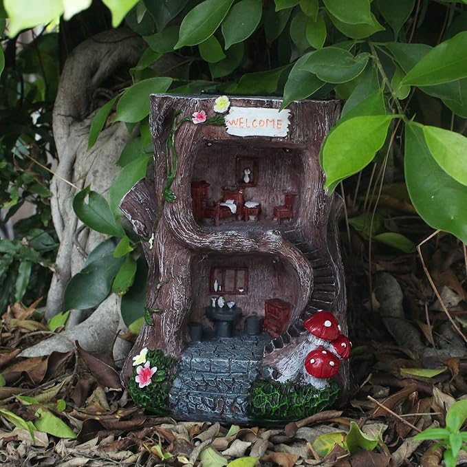 QWEWQE Tree House Solar Statue Outdoor Garden Statue with Solar Lights Fairy Tree House Indoor Outdoor Art Decoration Sculpture Lawn Ornaments for Patio Yard Outside Decorations