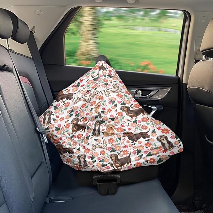 AFPANQZ Nursing Covers for Newborns Baby Dachshund with Floral Car Seat Covers for Baby Girls, All Season Baby Carseat Canopy Cover Ups Breastfeeding Scarves Breathable