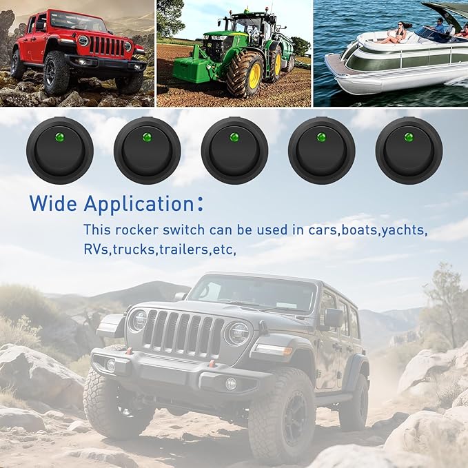 Nilight 12PCS Round Rocker Switches 12V 24V 20A Green LED Toggle swtiches SPST 3 Pin 2 Position for Car Truck Vehicle Boat Marine Rocker On Off Control