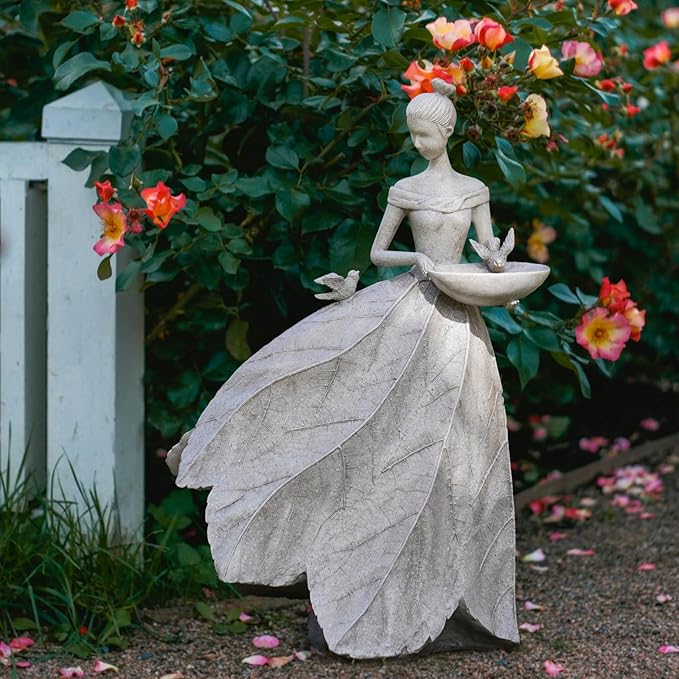 Fairy Garden Statue Bird Feeder - 23-inch Large Sculpture for Outdoors Statues Bird-Bath Yard Decorations Fairy Garden Statue Grey White DiliComing