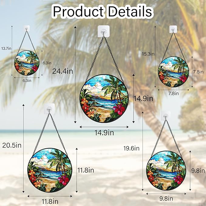 Stained Glass Window Hanging, Blue Beach Scenery Suncatcher Diamond Glass Panel Hangings Sun Catchers Decor for Birthday for Women, Men, Wife, Aunt, and Mom 14.9x14.9 in
