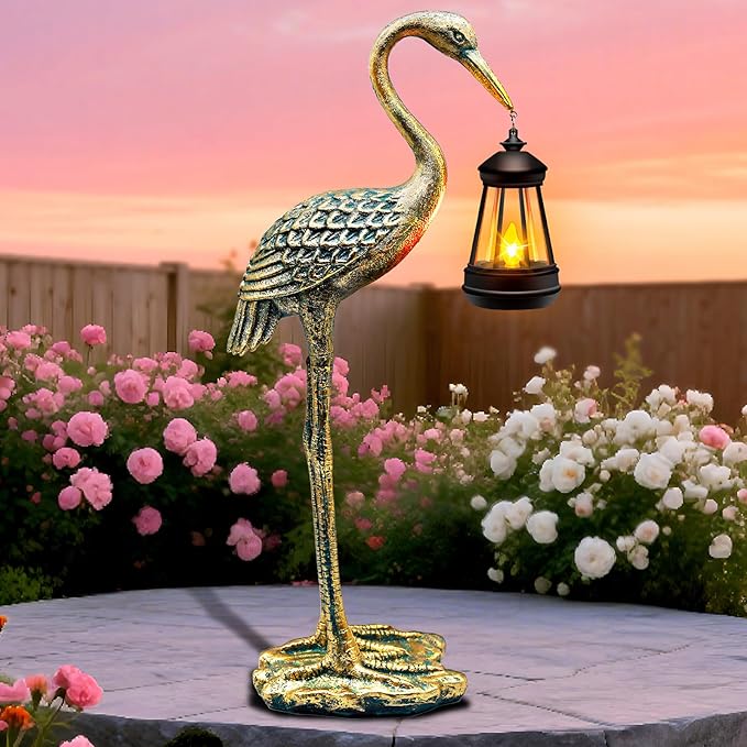 Solar Garden Statue Crane Figurine, Outdoor Hanging Solar Lanterns, 17.7 Inch Blue Heron Sculpture Statue for Patio Yard Porch, Garden Decor for Outside Gifts for Christmas Mom, Women, Mother's Day