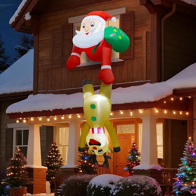 DR.DUDU 7 FT Christmas Inflatable Outdoor Decorations, Blow Up Santa Claus with Reindeer Hanging Xmas Inflatables Decor with LED Lights for Yard Lawn Porch Garden Holiday Party