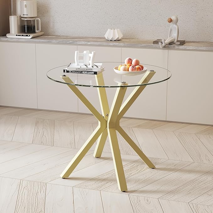 Tempered Glass Dining Table for 2-4, 36 Inch Round Kitchen Table with Gold Metal Legs Modern Dinner Table for Dining Room Kitchen