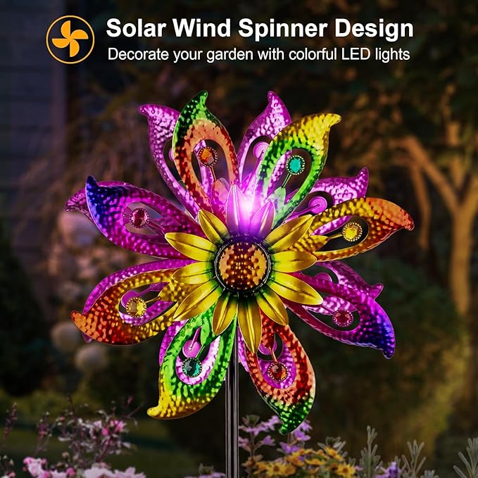 360°Solar Wind Spinner with Lights Sunflower Garden Outdoor Decor Yard Lawn Art Decor for Patio Kinetic Windmills Unique Gifts for Friends and Family 60.63'' H x 13.38'' Dia
