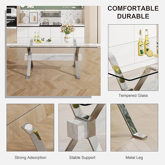 Modern Rectangular Glass Dining Table for 6-8 with Tempered Glass Tabletop and Silver Plated Metal Legs for Kitchen Dining Room(Silver4)