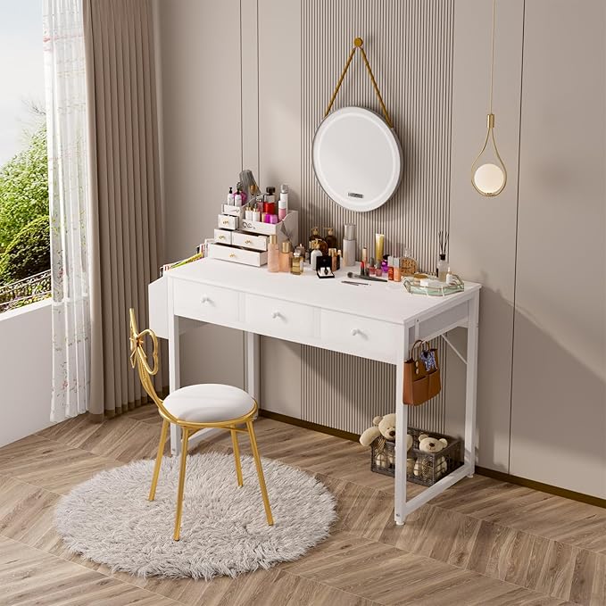 Lufeiya Small White Computer Desk with Fabric Drawers for Home Office Bedroom, 40 Inch Vanity Desk with Drawer Storage and Side Pouch, Study Writing Table, White