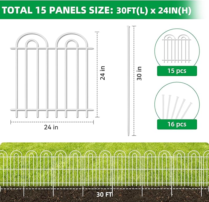 15 Panels Decorative Garden Fence, 24 in(H) X 30 ft(L) No Dig Dog Fence Outdoor for Yard, Rustproof Metal Garden Fencing Animal Barrier with Ground Stakes, Temporary Fencing for Patio Outdoor, White