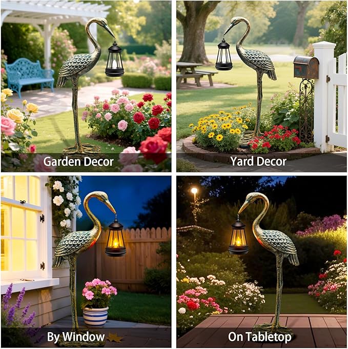 Solar Garden Statue Crane Figurine, Outdoor Hanging Solar Lanterns, 17.7 Inch Blue Heron Sculpture Statue for Patio Yard Porch, Garden Decor for Outside Gifts for Christmas Mom, Women, Mother's Day