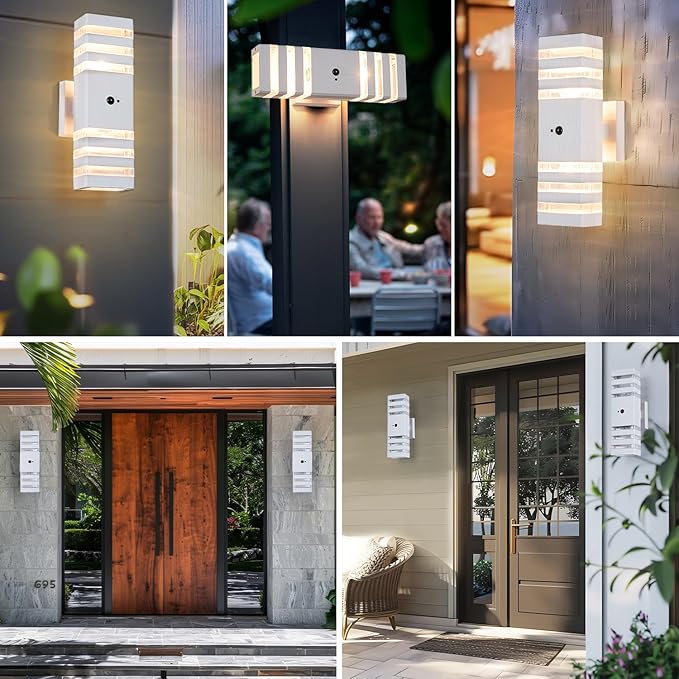2 Pack Motion Sensor Outdoor Wall Lights with 4 Dimmable Bulbs, Modern White Dusk to Dawn Porch Sconces Waterproof Up Down Exterior Lighting Fixtures, Outside Coach Lamp for House Garage Front Door