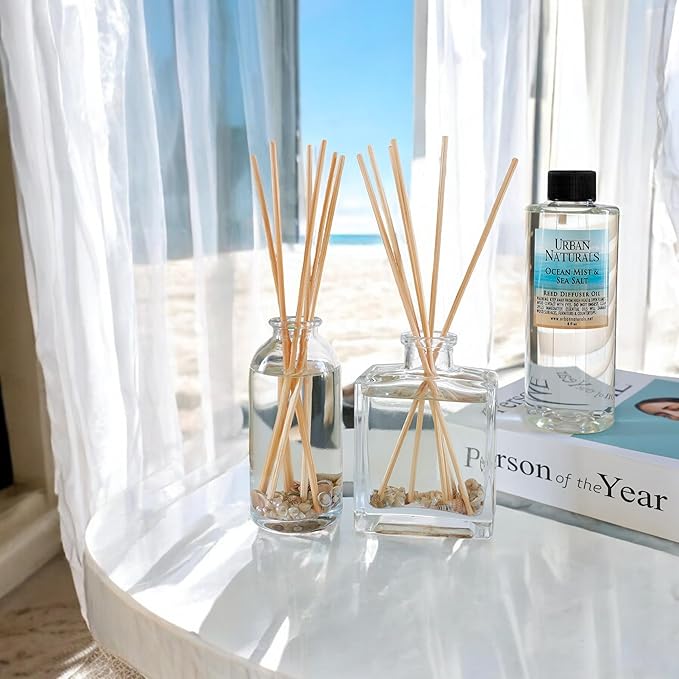 Urban Naturals Ocean Mist & Sea Salt Reed Diffuser Set | Made with Essential Oils & Real Seashells | Decorative Air Freshener Room Diffuser