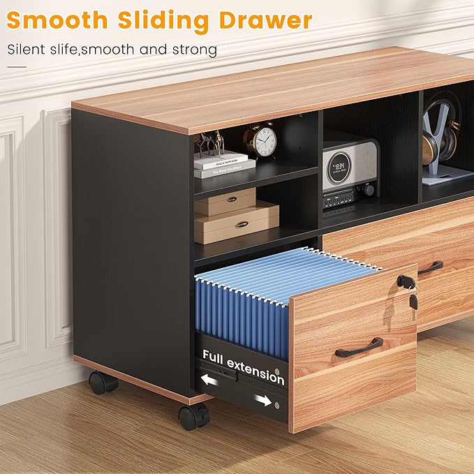 2 Drawer Wood Mobile Large Lateral File Cabinet with Lock, Lockable Rolling Filing Cabinet with Storage Shelves, Printer Stand Office Storage Cabinet for Home Office Fits Files Legal/A4