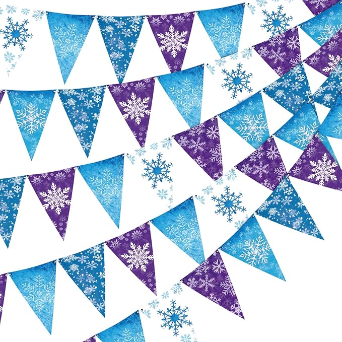 HESTYA 49 ft Winter Party Decoration Snowflake Triangle Banners Snow Pennant Paper Flags for Winter Birthday Party Decoration Supplies
