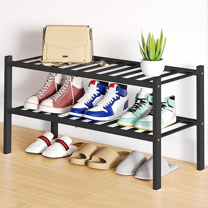 Smiry Shoe Rack, 2 Tier Bamboo Shoe Organizer, Stackable Free Standing Wooden Shoe Storage Shelf for Closet, Entryway, Front Door Entrance, Black
