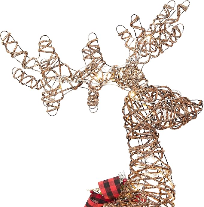 Alpine Corporation 49" Rattan Standing Reindeer Statues with Ribbon and LED Lights, Christmas Decor