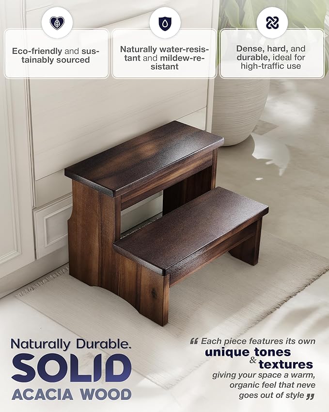 Wooden Two Step Stool, Heavy Duty 2-Step Ladder for Adults & Kids, Supports up to 450lbs for Kitchen, Bathroom or Bedside Use (Walnut Finish)