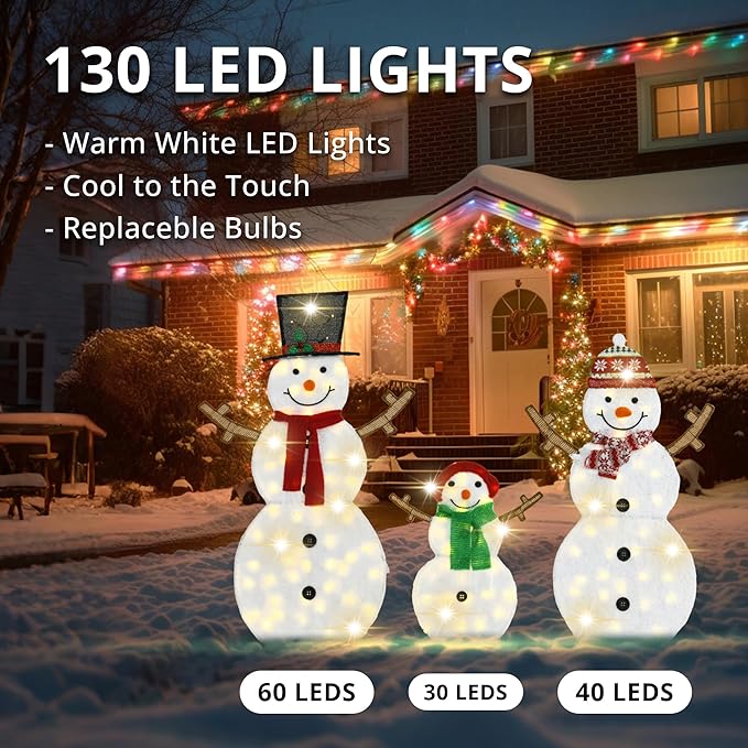 Lighted Snowman Family Outdoor Christmas Decoration, 48"| 42"| 24" H Pre-lit Snowman Lights Ornament, 2D Indoor Holiday Decor, 130 Warm White LEDs, for Yard, Lawn, Garden, Set of 3
