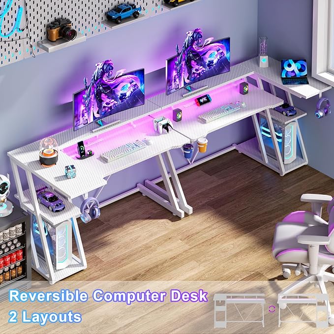 47 Inch White Gaming Desk with Power Outlet & LED Lights, Corner Computer Desk with 3 Tiers Storage Shelves, L Shaped Gaming Desk with Monitor Stand for Bedroom