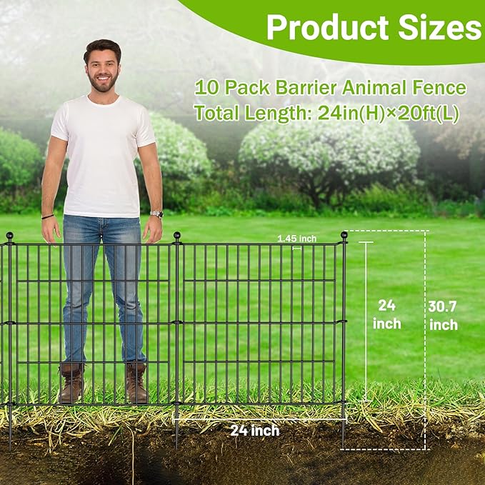 10 Panels No Dig Decorative Outdoor Garden Fence for Yard, 24 in(H) X 20 ft(L) Animal Barrier Fencing Rustproof Metal Wire Panel Border for Dog, Rabbits, and Patio Temporary Ground Stakes