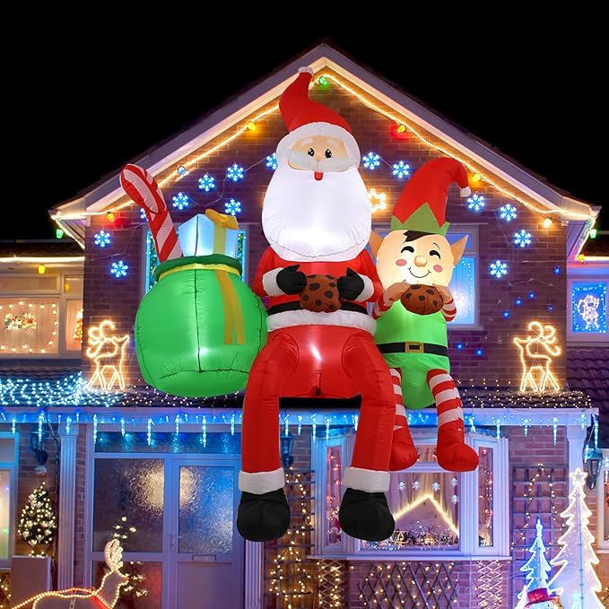 8FT Santa Claus Sitting on The Roof Christmas Inflatable Decoration with LED Lights, Suitable for Holiday Celebration Decorations in Courtyards, Lawns, Terraces, etc.