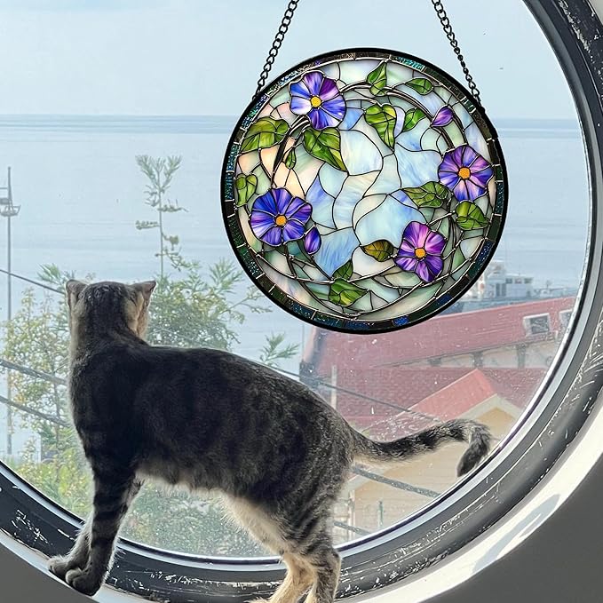 Stained Glass Window Hanging, Purple Morning Glory Flowers Suncatcher for Doors Window Home Plant Sun Catchers Decoration Mother's Day Birthday Gifts for Women, Men, and Mom 7.8x7.8 in