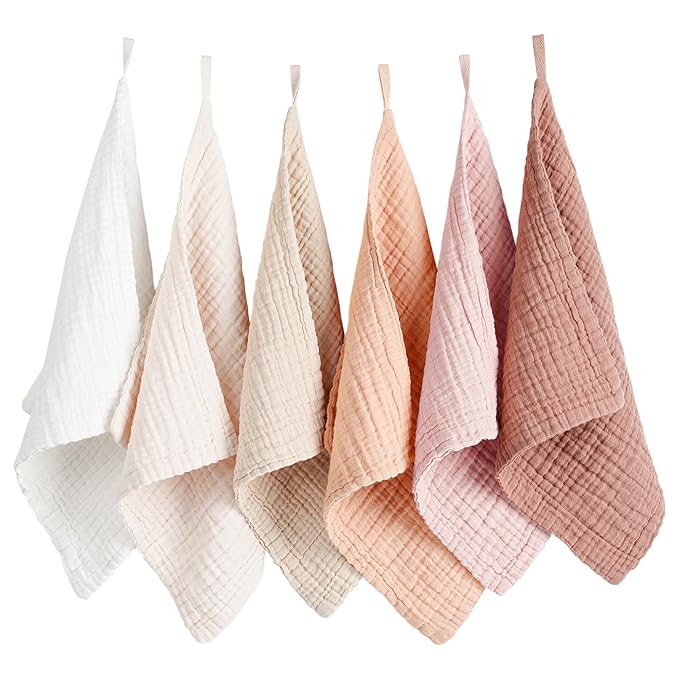 Konssy 6 Pack Baby Muslin Washcloths for Unisex 100% Cotton Wash Cloth Set for Baby Face Body Comfy and Soft for Newborn Infants Kids Girls and Boys