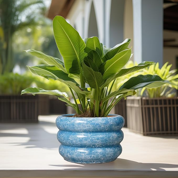 SQOWL Ceramic Plant Pot Indoor with Drainage Hole 13.5 Inch - Large Outdoor Planter Ceramic Flower Pot Modern Round Planter Decorative Plant Pot for Outdoor Porch Decor Blue