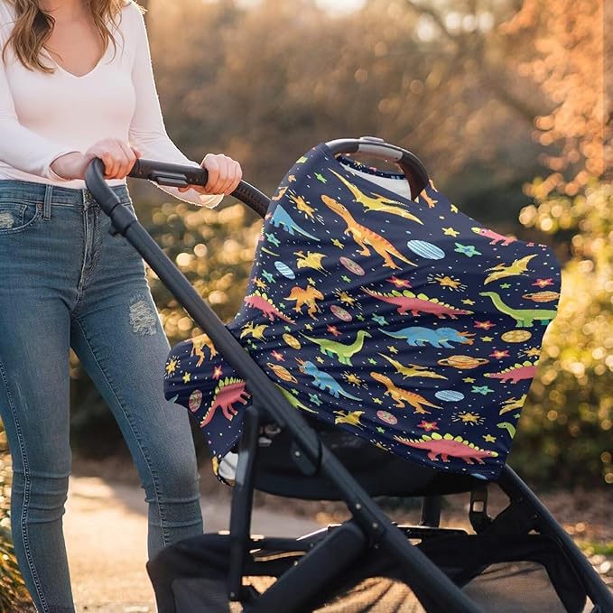 GIFTPUZZ Dinosaur Stretchy Car Seat Cover for Babies, Nursing Cover Breastfeeding Cover, Soft Breathable Infant Carseat Canopy Sunshade, Shopping Cart/High Chair/Stroller Covers