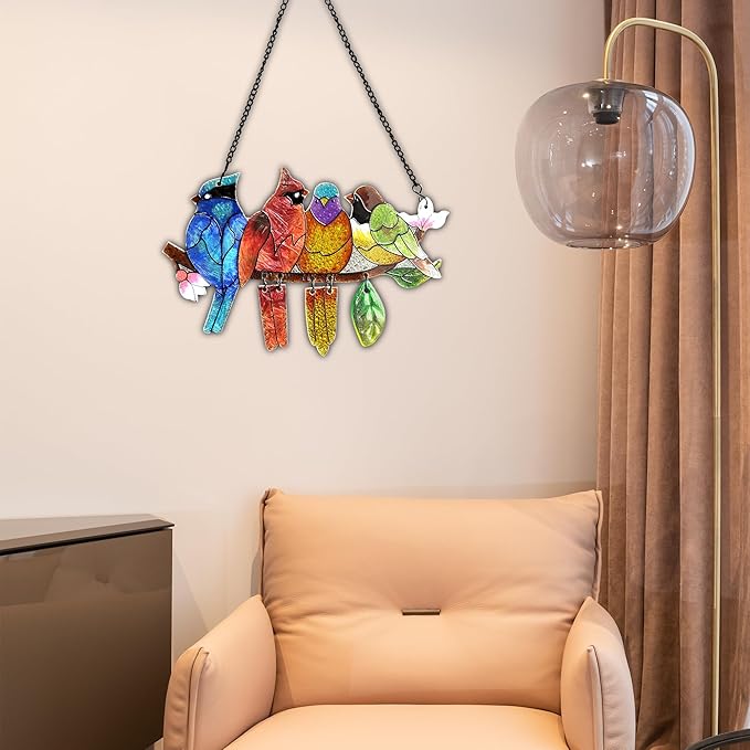Stained Glass Window Hanging - Hummingbird on Branch Suncatcher Hand-Painted Double Side Stain Glass Cardinal Gifts Sun Catcher for Windows Doors Room Outdoor Home Decoration