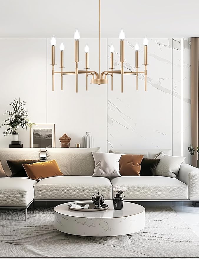 DORESshop Modern Chandelier for Dining Room, 8-Light 26.8" Gold Modern Chandelier for Dining Room, Adjustable Height Light Fixtures Over Table for Bedroom Kitchen Island Living Room
