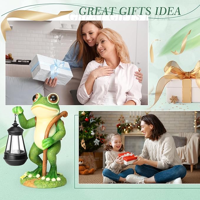 Garden Statue Frog Outdoor Decor, Solar Patio Resin Garden Decor for Outside Yard Decorations Gift for Women, Mom, Grandma
