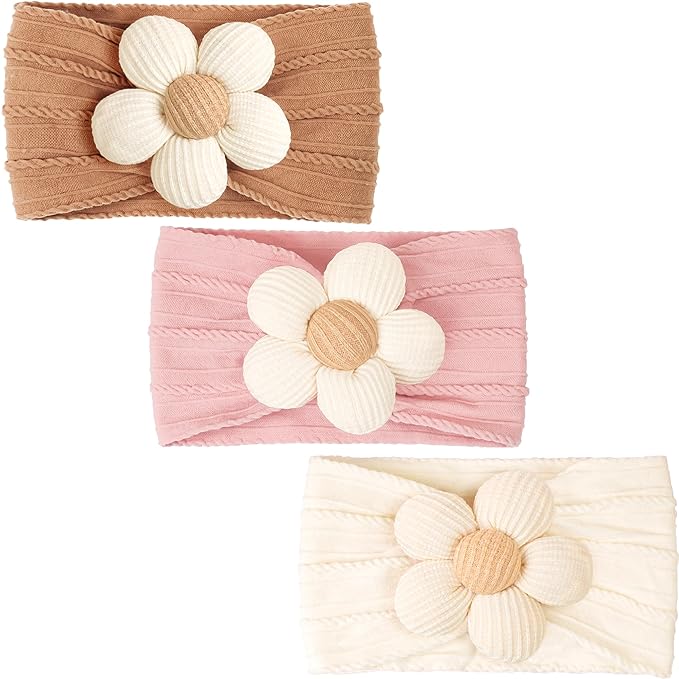 CÉLLOT Baby Flower Headbands Baby Girls Nylon Headbands Baby Essentials Stretchy Hairbands Handmade Hair Accessories for Newborn Infant Toddlers Kids (Pink,Brown,Beige)