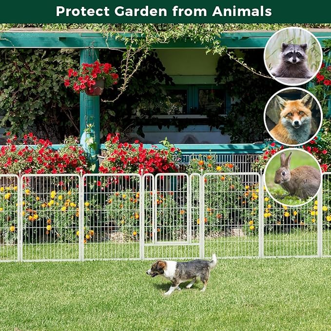 FXW Garden Fence Outdoor for The Yard – 40in(H) x 18.2ft(L) Heavy Duty Metal Animal Barrier for Dog and Rabbit, Decorative Dog Fence, 8 Panels, White