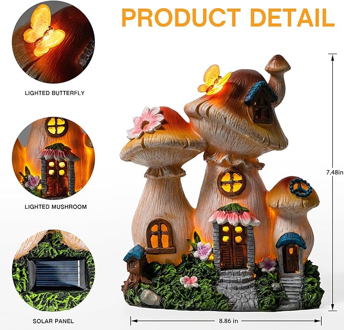 Solar Garden Statue Lights Mushroom Fairy House Figurine, Outdoor Memorial Garden Ornaments Waterproof Decoration for Outside Patio Yard Lawn Decor