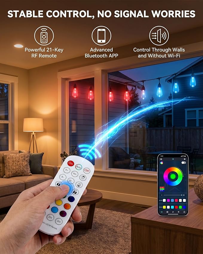 Smart RGB Outdoor String Lights, Color Changing Patio Lights with 21-Key RF Remote and Bluetooth App, IP65 Waterproof Music Sync LED Hanging Lights for Backyard Party Holiday Decor, 50FT (20 Bulbs)