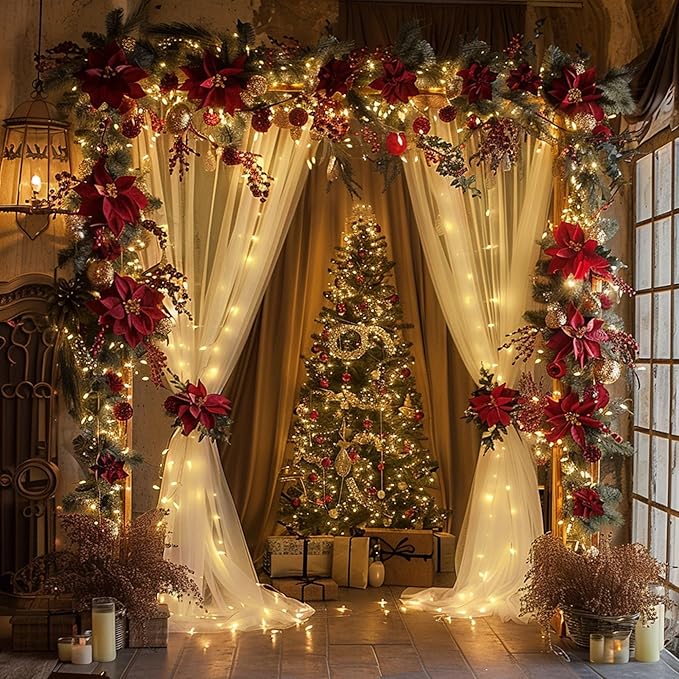 Fomcet Tulle Curtains with Lights String Ivory 20FT X 8FT Sheer Backdrop Curtains for Parties Wedding Baby Shower Photo Shoot Decorations (4 Panels 5x8FT)